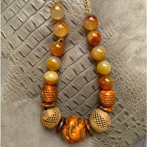 20” Vintage Carved Wood XL Bead & Orange & Yellow Carnelian Agate Beads Necklace
